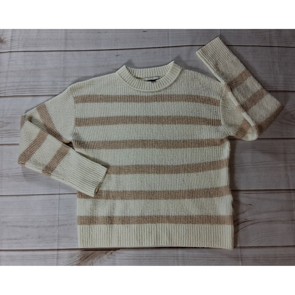American Eagle Womens Striped Crewneck Sweater Size XS Cream Tan Chenille Knit